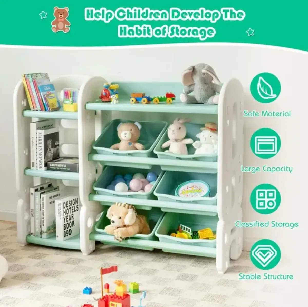 Hivvago Kids Toy Storage Organizer with Bins and Multi-Layer Shelf for Bedroom Playroom