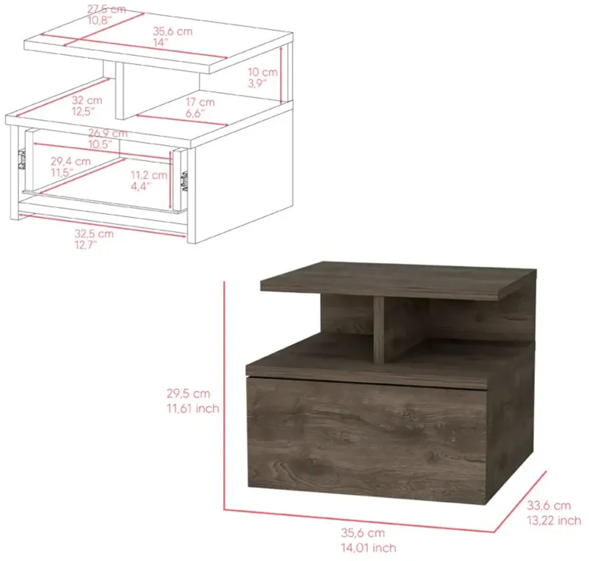 Nightstand Floating Flopini, Bedroom, Dark Walnut