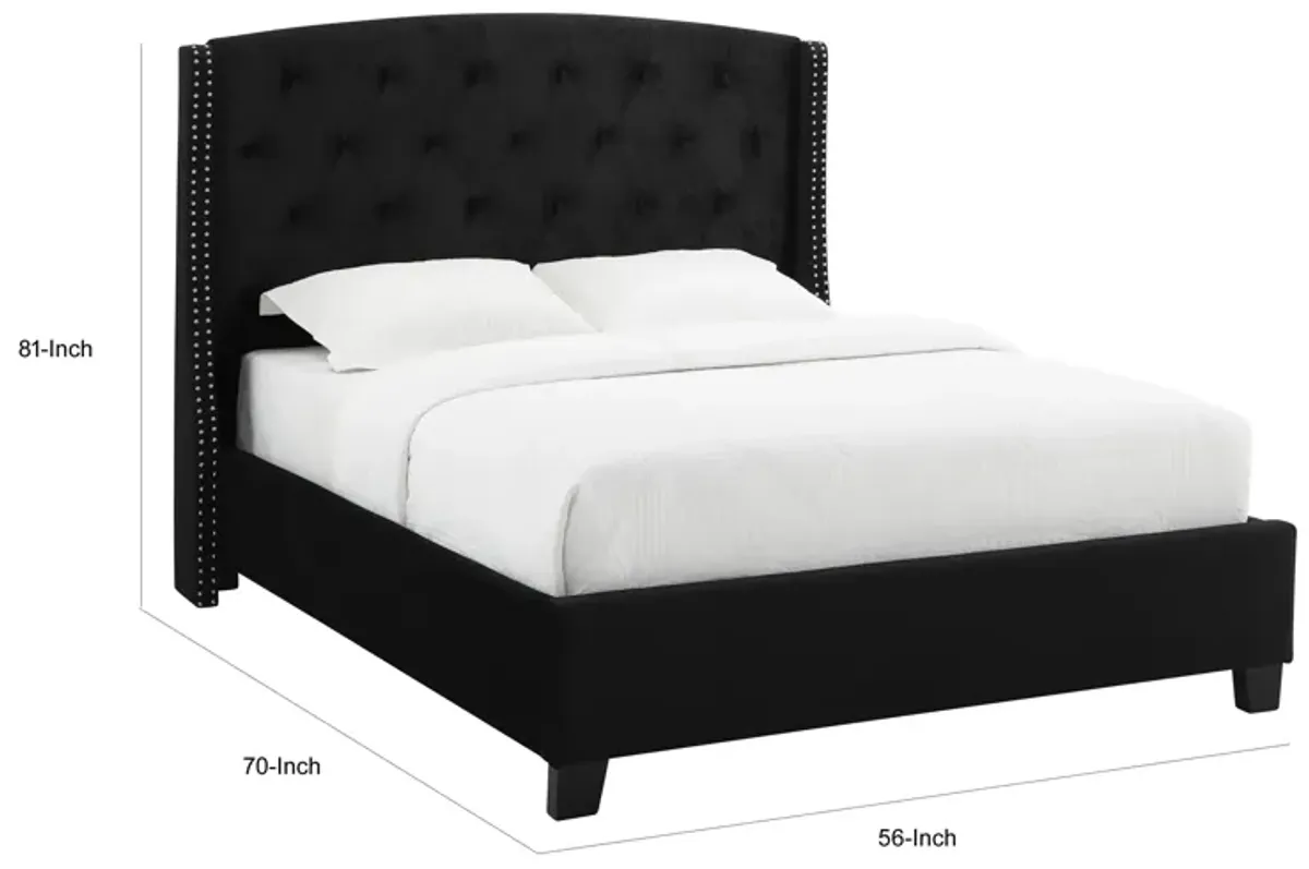 Elle Queen Size Bed, Low Profile, Black Button Tufted Upholstered Headboard - Benzara