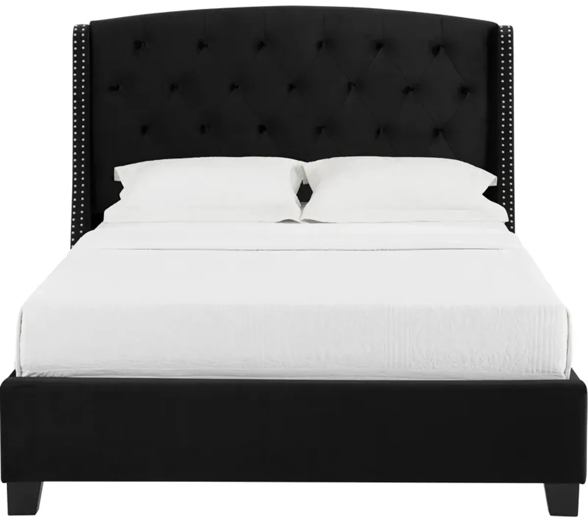 Elle Queen Size Bed, Low Profile, Black Button Tufted Upholstered Headboard - Benzara