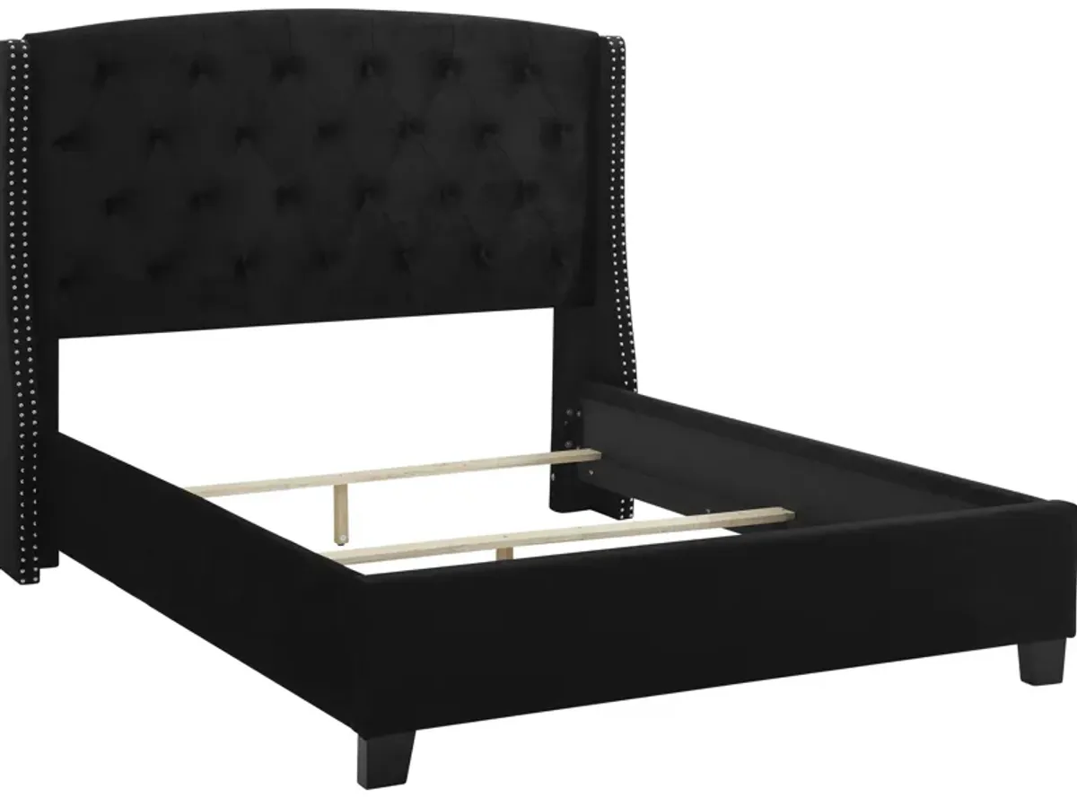 Elle Queen Size Bed, Low Profile, Black Button Tufted Upholstered Headboard - Benzara