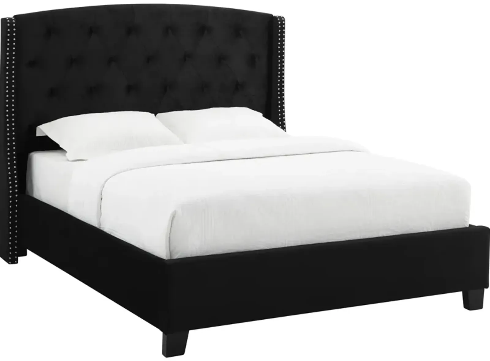 Elle Queen Size Bed, Low Profile, Black Button Tufted Upholstered Headboard - Benzara