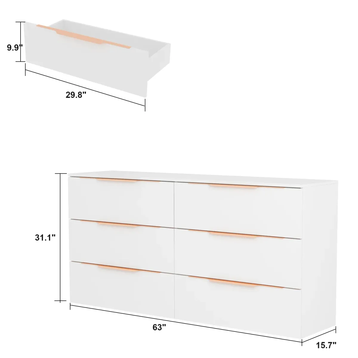 63-inch Modern Space Saving 6-Drawer Double Dresser, White