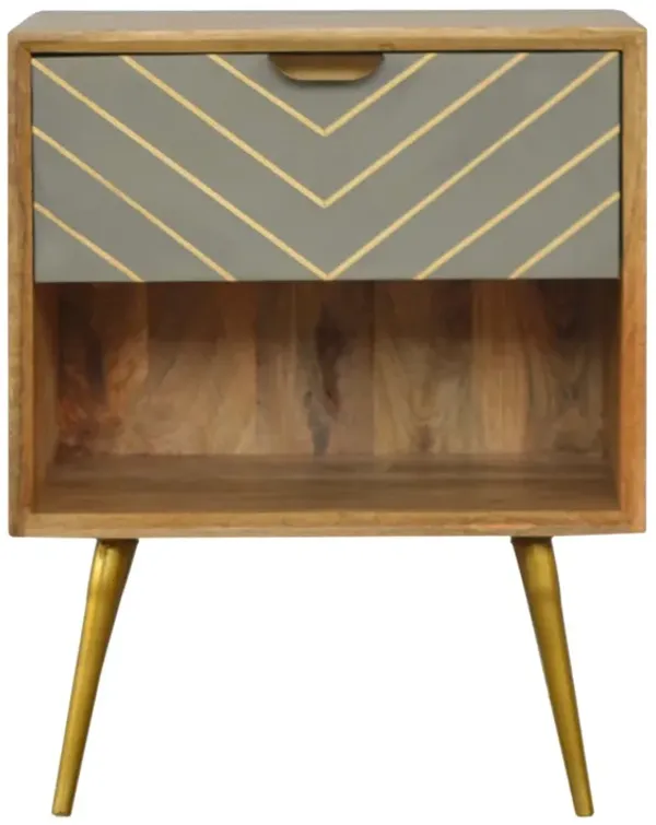 Solid Wood Sleek Cement Brass Inlay Nightstand with Open Slot