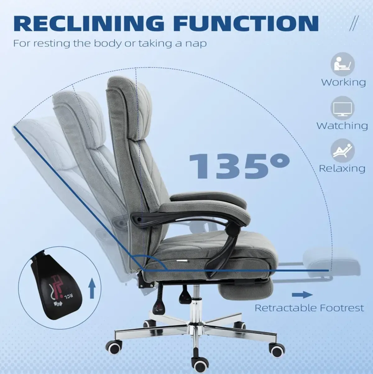 Gray Office Comfort: High-Back Reclining Chair with Footrest