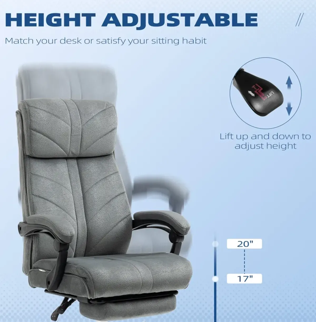 Gray Office Comfort: High-Back Reclining Chair with Footrest