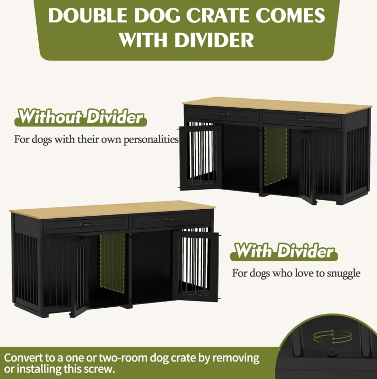 Large Dog Crate Furniture, 64.6 in. Wooden Dog Crate Kennel with 2 Drawers and Divider for Medium or 2 Small Dogs, Black