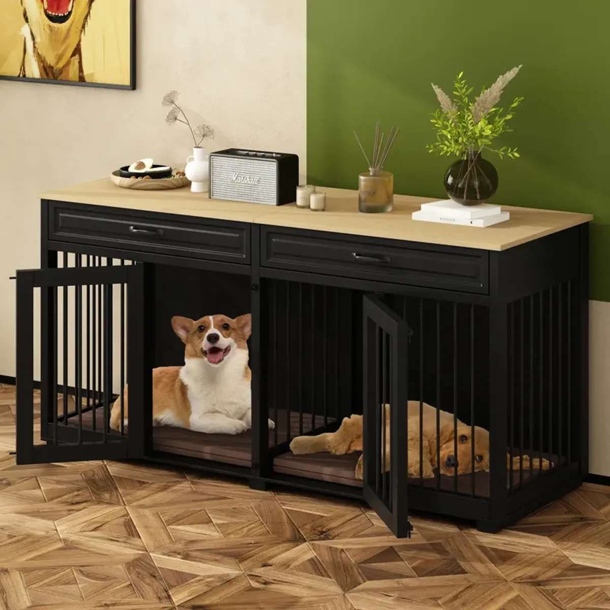 Large Dog Crate Furniture, 64.6 in. Wooden Dog Crate Kennel with 2 Drawers and Divider for Medium or 2 Small Dogs, Black