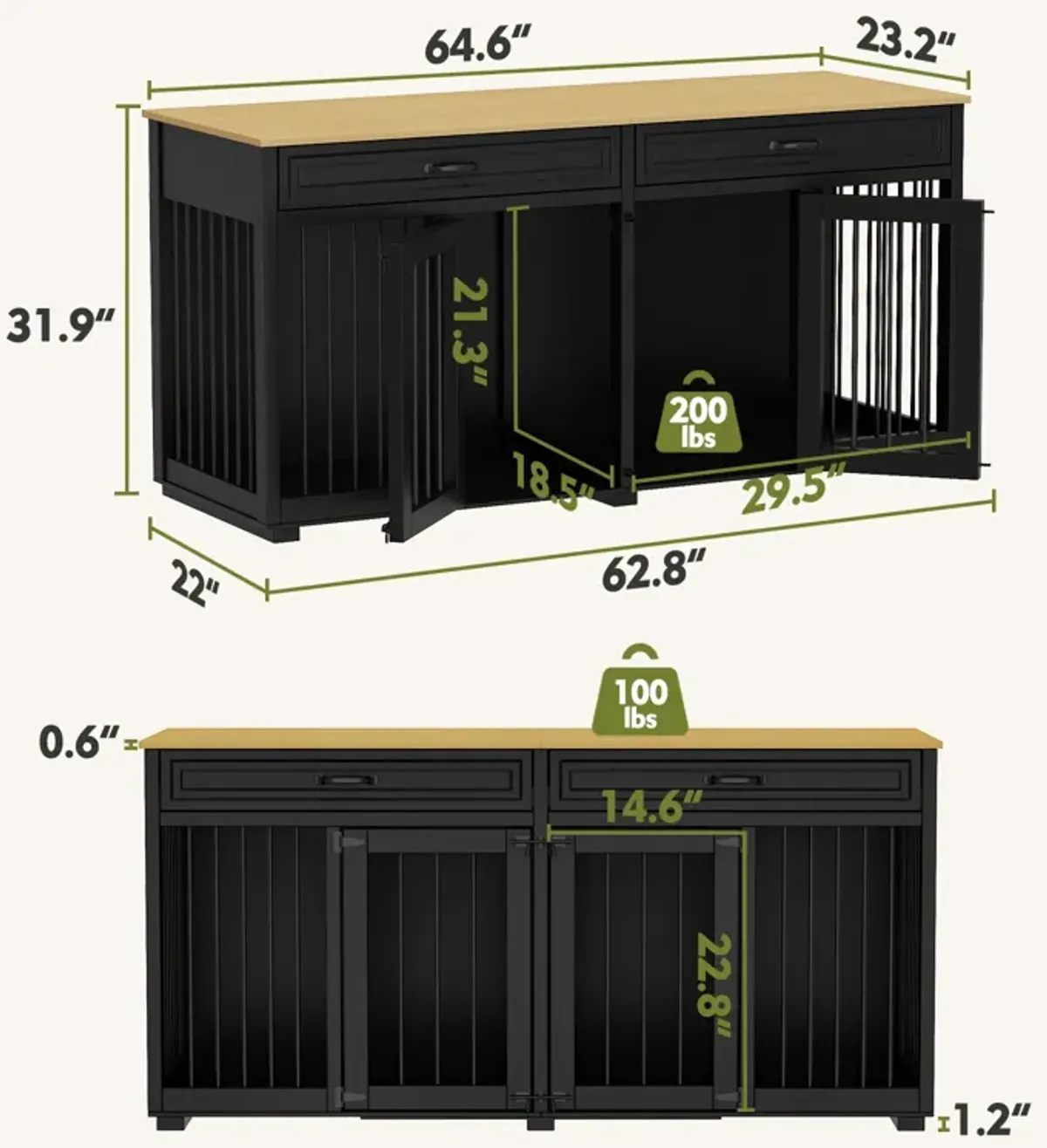 Large Dog Crate Furniture, 64.6 in. Wooden Dog Crate Kennel with 2 Drawers and Divider for Medium or 2 Small Dogs, Black