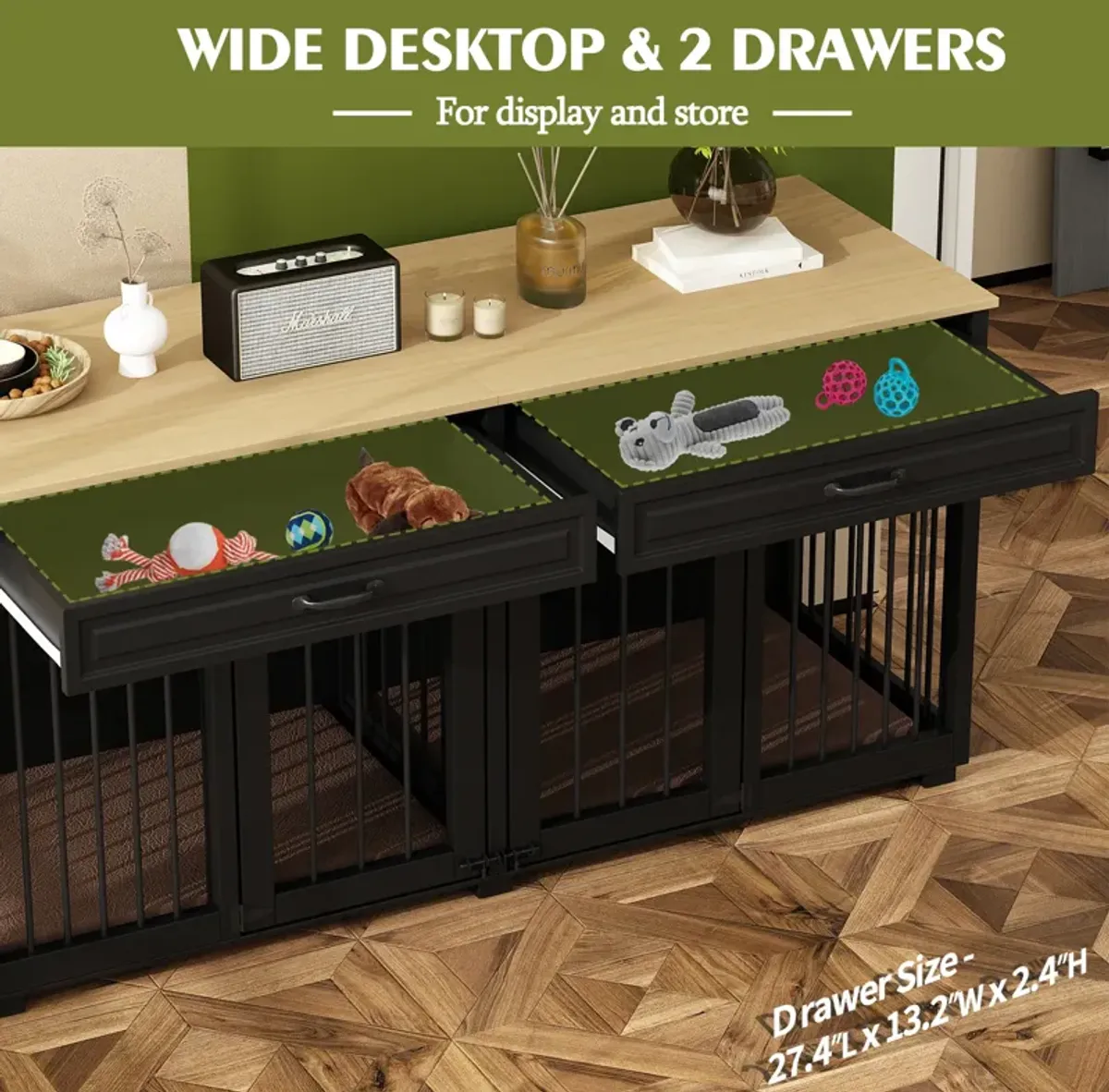 Large Dog Crate Furniture, 64.6 in. Wooden Dog Crate Kennel with 2 Drawers and Divider for Medium or 2 Small Dogs, Black