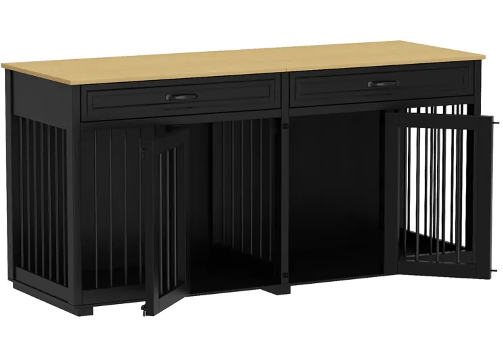 Large Dog Crate Furniture, 64.6 in. Wooden Dog Crate Kennel with 2 Drawers and Divider for Medium or 2 Small Dogs, Black