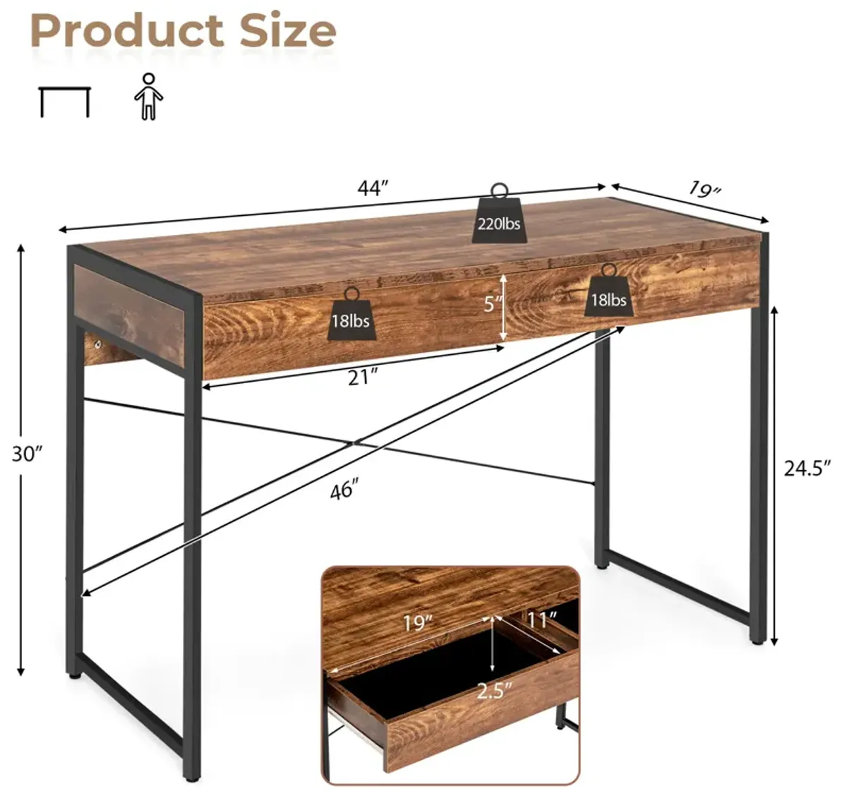 2-Drawer Home Office Desk with Steel Frame