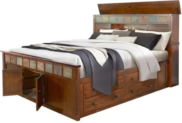 Odell Queen Size Bed w Storage Footboard, Bookcase Headboard, Brown - Benzara