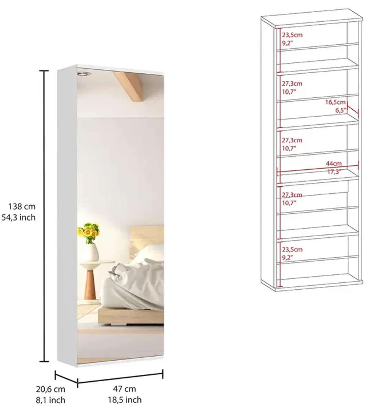 Wall Mounted Shoe Rack With Mirror Chimg, Bedroom, White