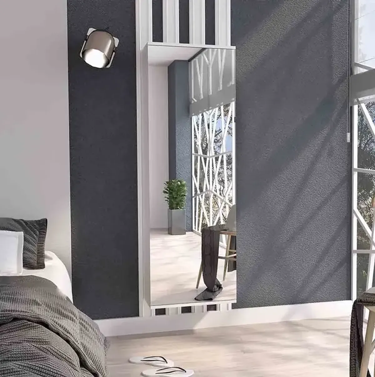 Wall Mounted Shoe Rack With Mirror Chimg, Bedroom, White