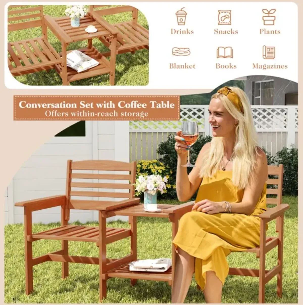 Hivvago Outdoor Patio Wood 2-Seat Conversation Set with Coffee Table and Umbrella Hole