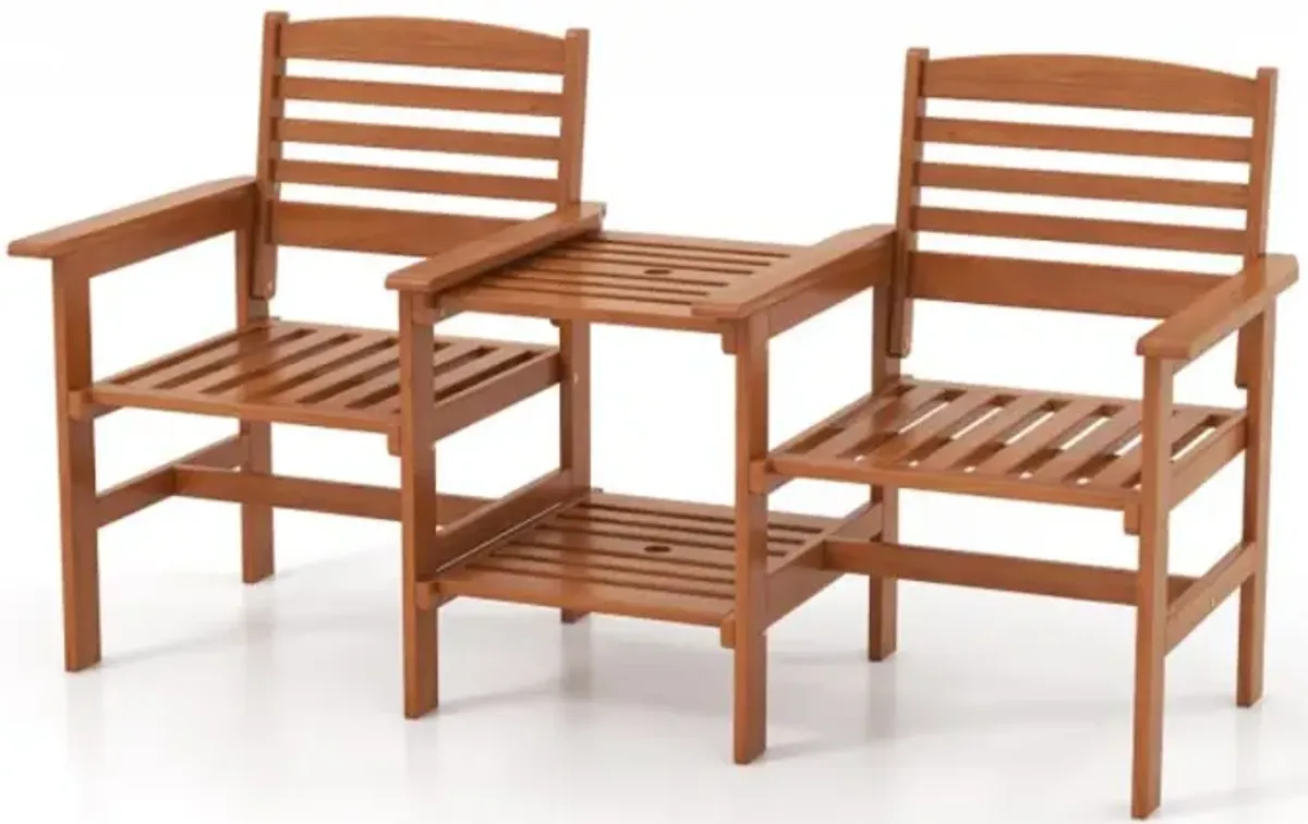 Hivvago Outdoor Patio Wood 2-Seat Conversation Set with Coffee Table and Umbrella Hole