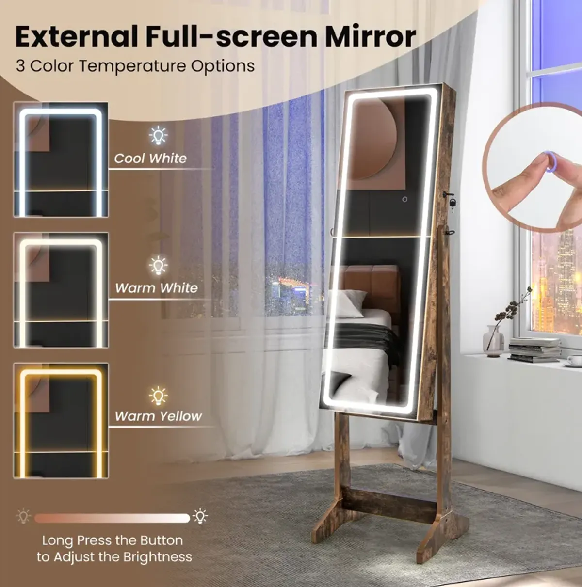 Lockable Jewelry Armoire Standing Cabinet with Lighted Full-Length Mirror