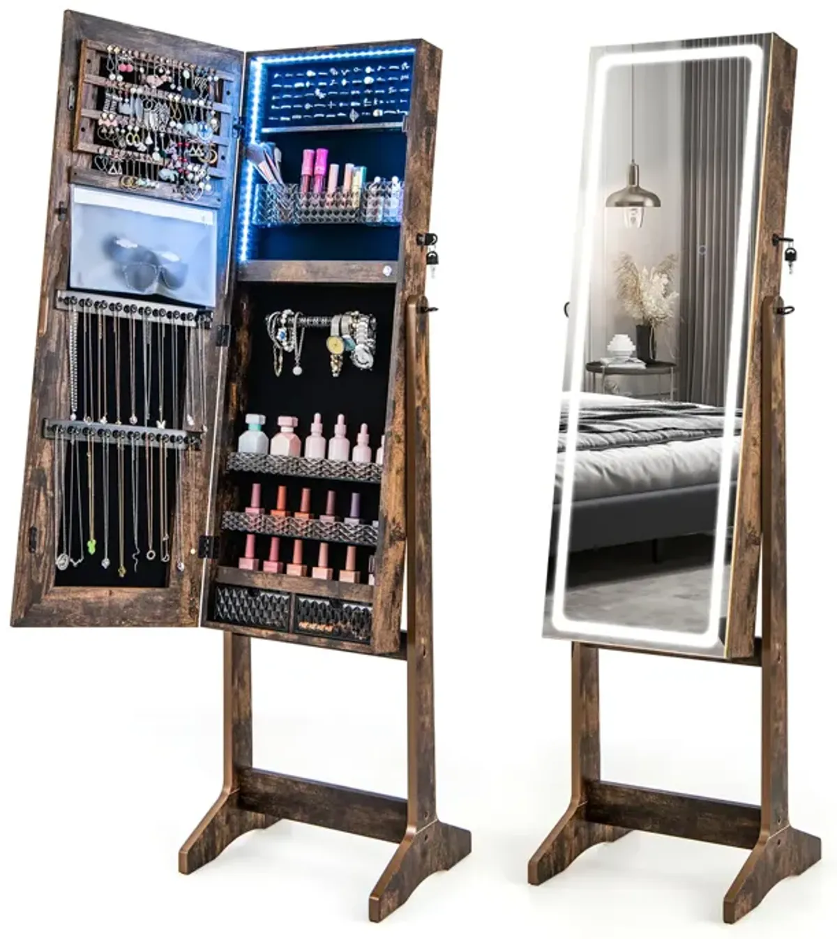 Lockable Jewelry Armoire Standing Cabinet with Lighted Full-Length Mirror