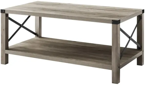 2-Tier Modern Farmhouse Coffee Table Wood Rectangle Cocktail Table with Metal X-Frame
