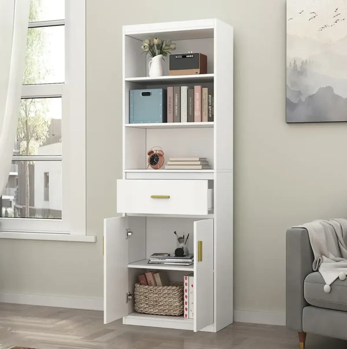 70.8 in. H 2-Door White Wood Storage Accent Cabinet Display Cabinet with Drawer and 3 Tier Open Shelves