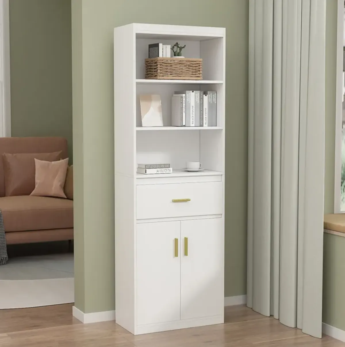 70.8 in. H 2-Door White Wood Storage Accent Cabinet Display Cabinet with Drawer and 3 Tier Open Shelves