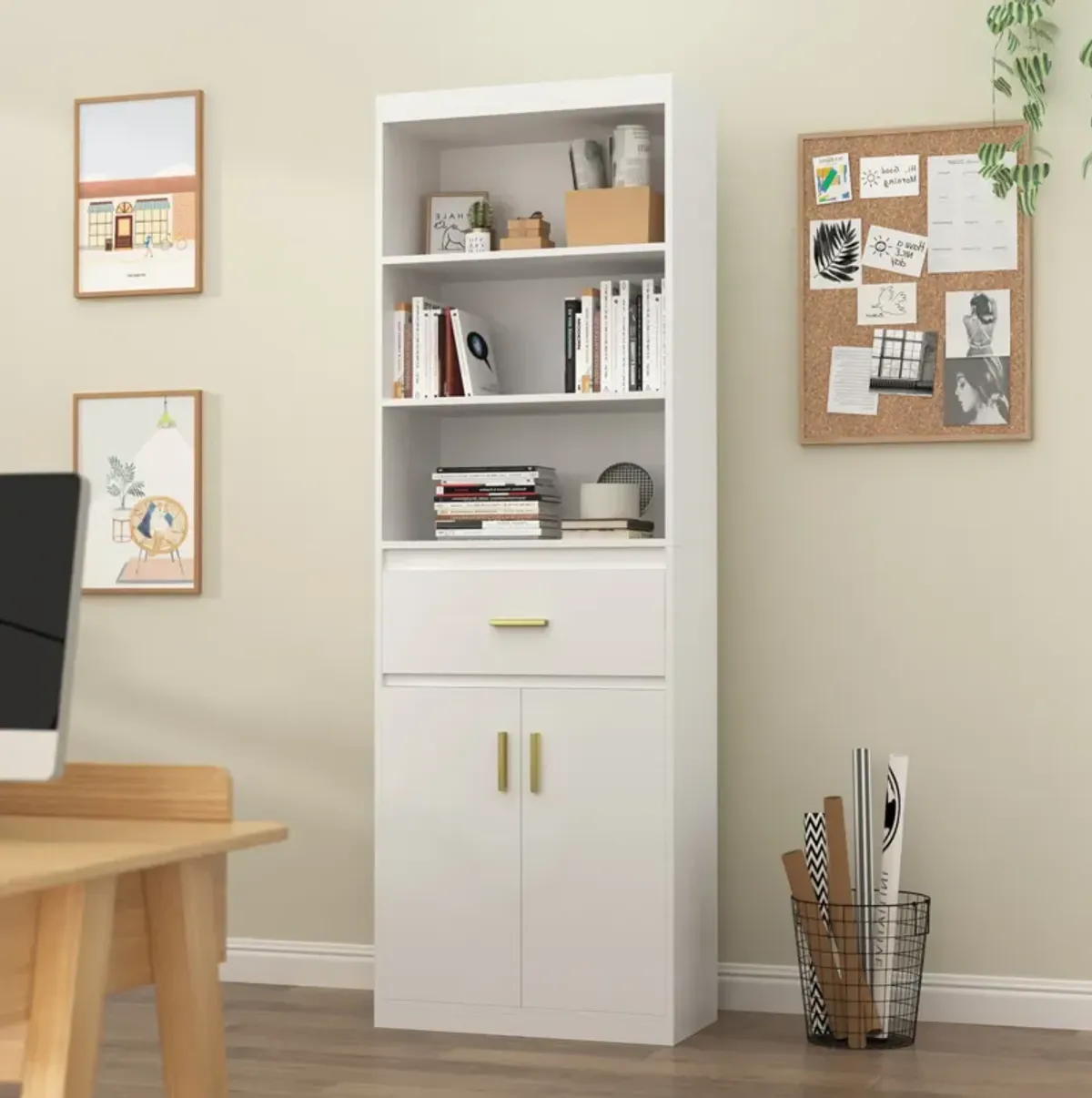 70.8 in. H 2-Door White Wood Storage Accent Cabinet Display Cabinet with Drawer and 3 Tier Open Shelves