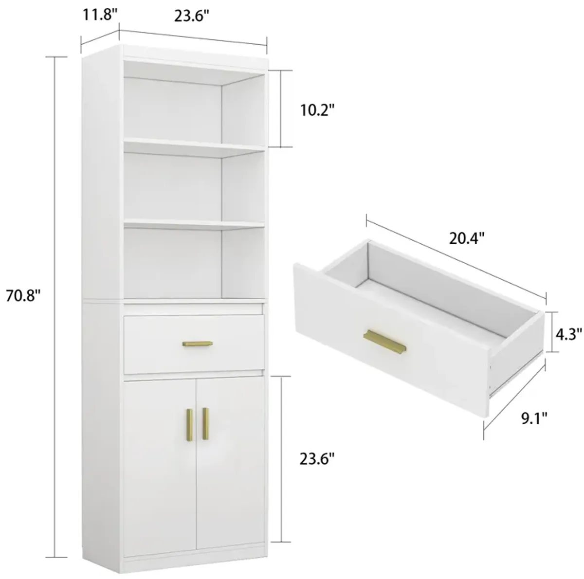 70.8 in. H 2-Door White Wood Storage Accent Cabinet Display Cabinet with Drawer and 3 Tier Open Shelves