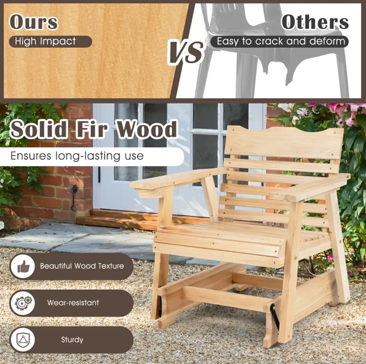 Outdoor Wood Rocking Chair with High Back and Widened Armrests