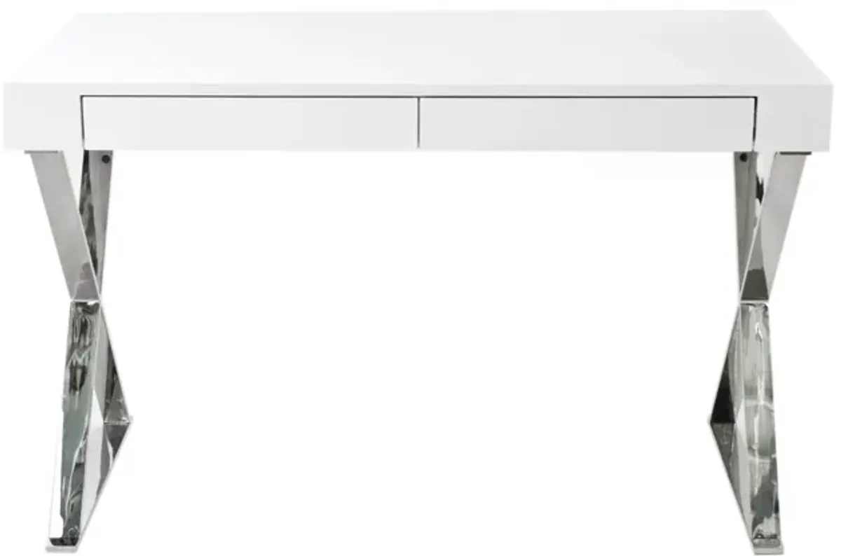 Rix 47 Inch Office Desk, White Wood Top, 2 Drawers, X Polished Steel Legs - Benzara