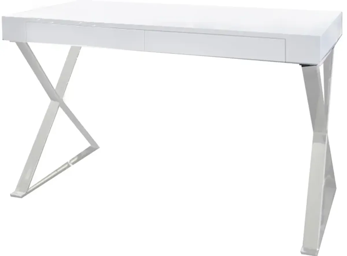 Rix 47 Inch Office Desk, White Wood Top, 2 Drawers, X Polished Steel Legs - Benzara