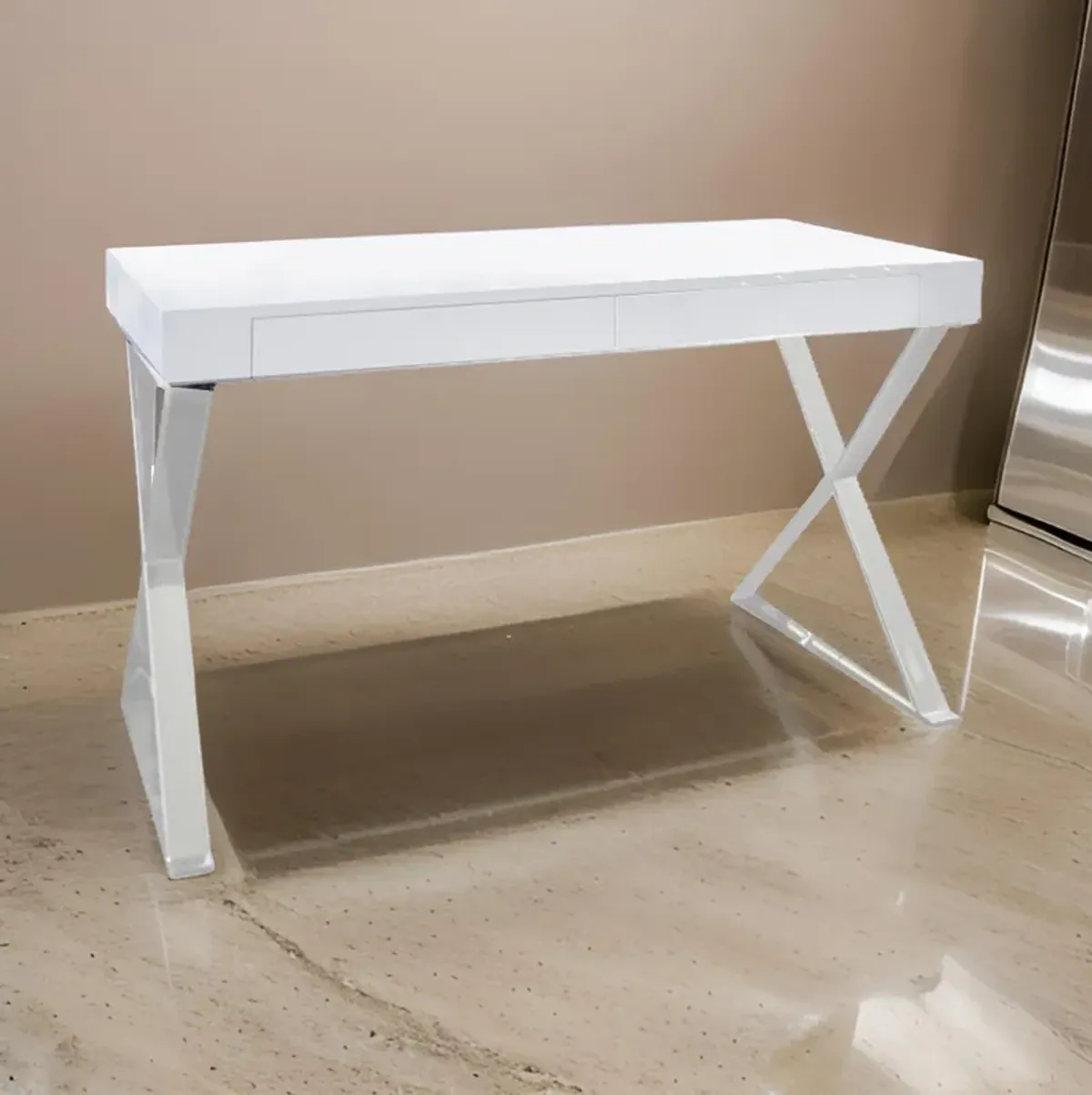 Rix 47 Inch Office Desk, White Wood Top, 2 Drawers, X Polished Steel Legs - Benzara