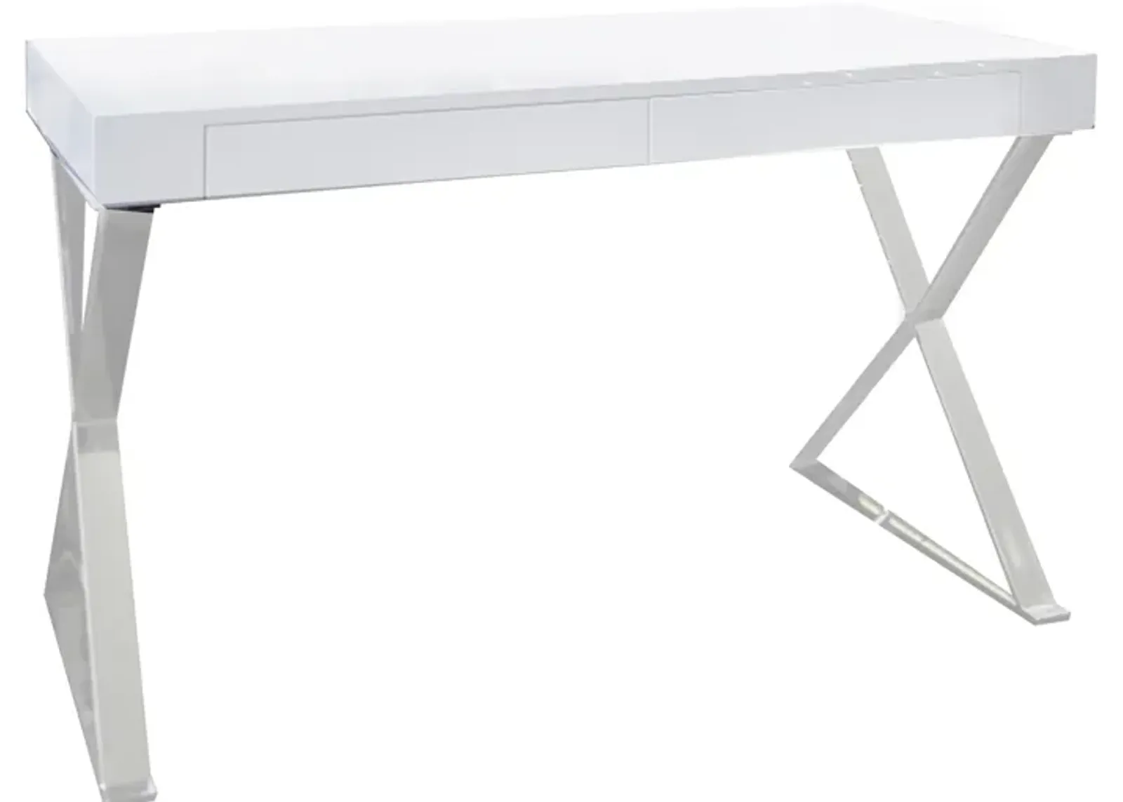 Rix 47 Inch Office Desk, White Wood Top, 2 Drawers, X Polished Steel Legs - Benzara