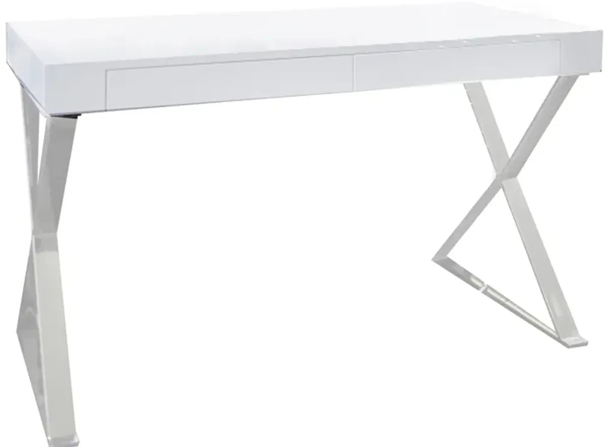 Rix 47 Inch Office Desk, White Wood Top, 2 Drawers, X Polished Steel Legs - Benzara