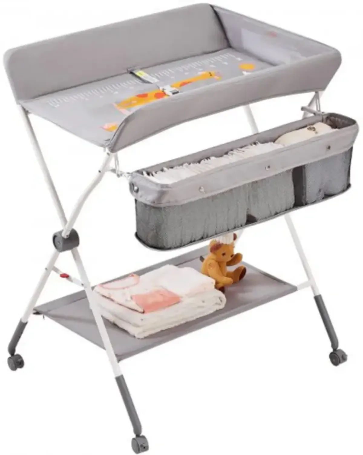 Folding Baby Changing Table with Wheels Storage Basket and Adjustable Height