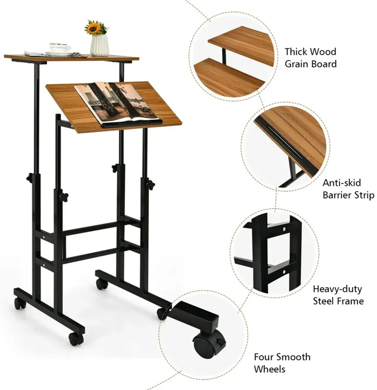 Height Adjustable Mobile Standing Desk with Rolling Wheels for Office and Home