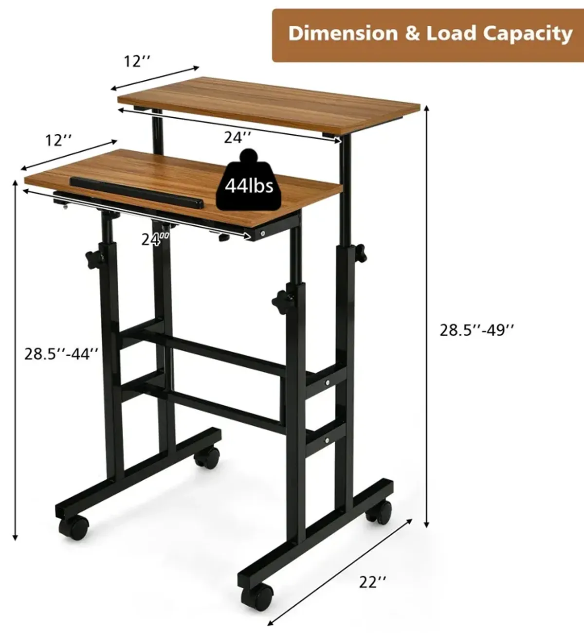 Height Adjustable Mobile Standing Desk with Rolling Wheels for Office and Home