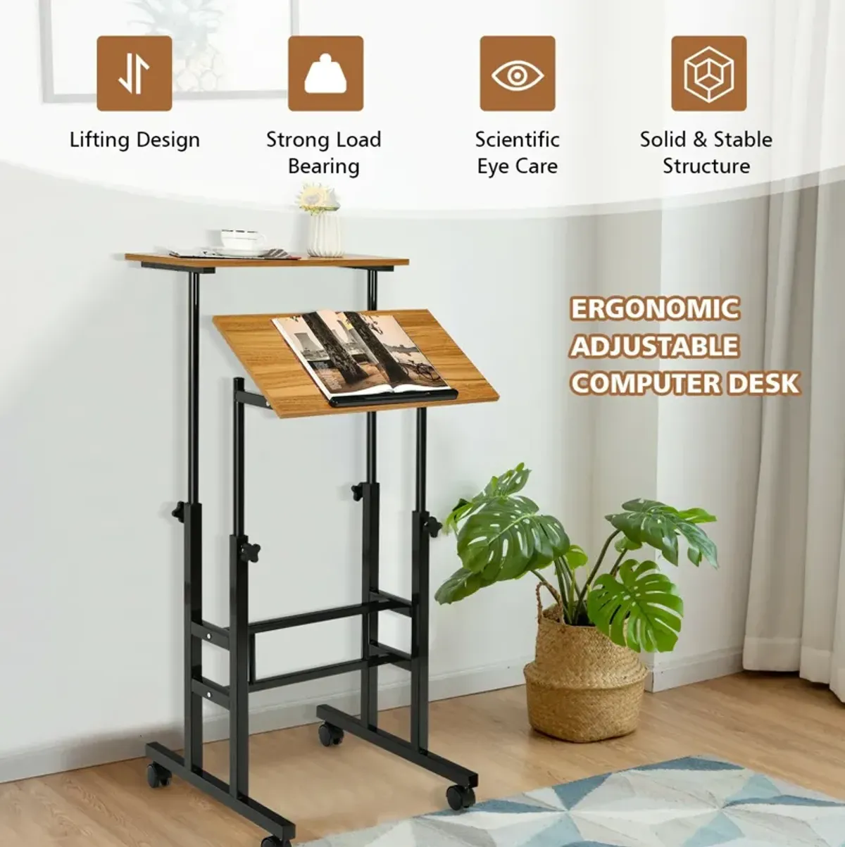 Height Adjustable Mobile Standing Desk with Rolling Wheels for Office and Home