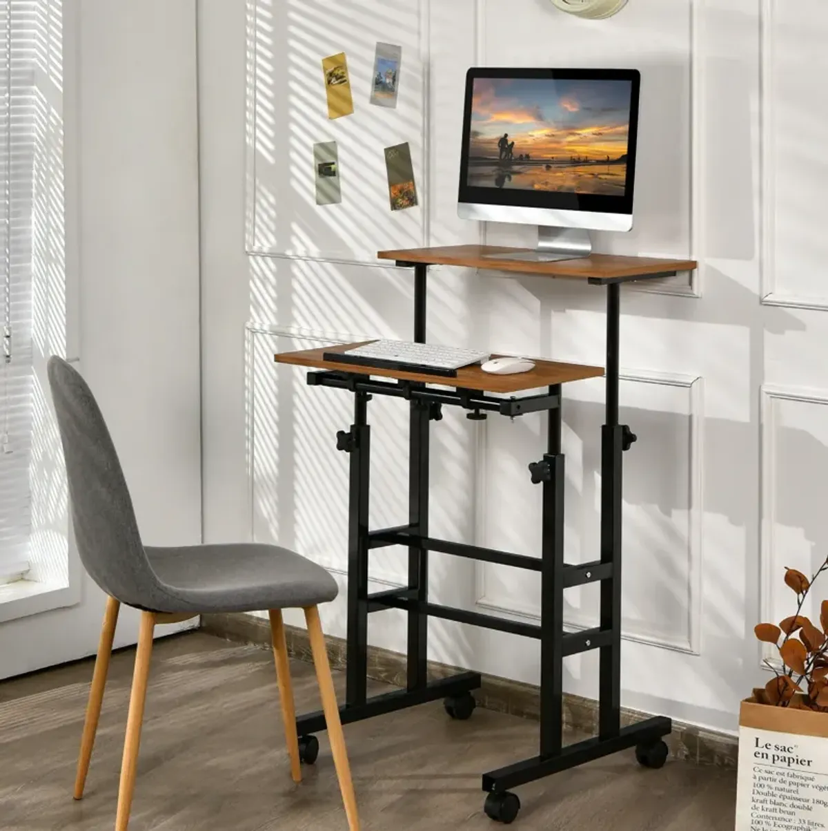 Height Adjustable Mobile Standing Desk with Rolling Wheels for Office and Home