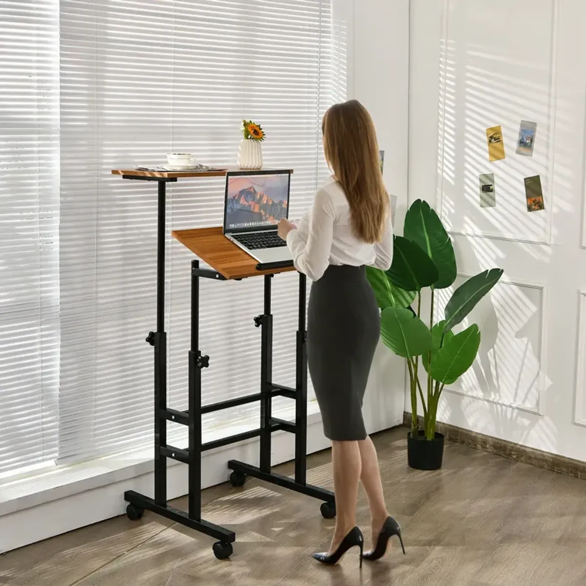 Height Adjustable Mobile Standing Desk with Rolling Wheels for Office and Home