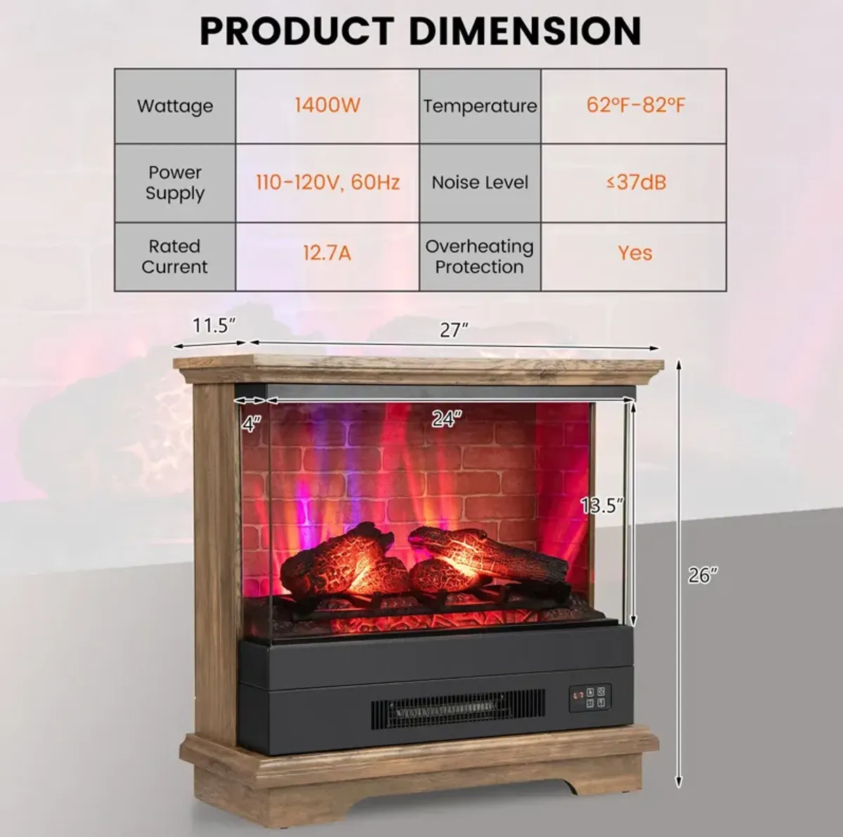 27 Inch Freestanding Fireplace with Remote Control