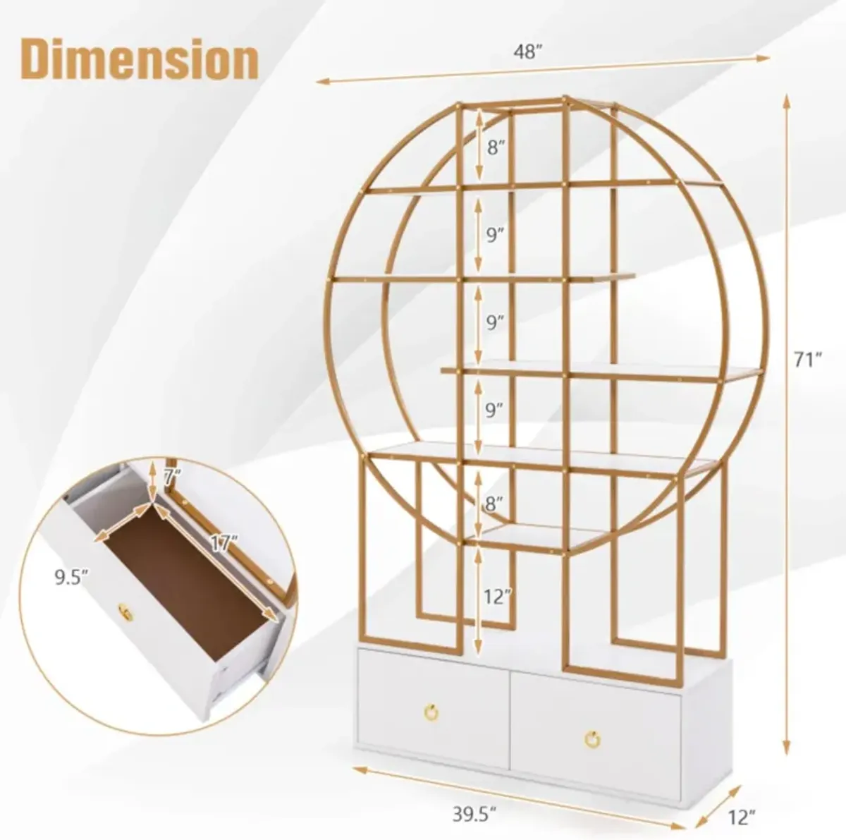 Hivvago 71 Inches 6-Tier Gold Bookshelf with 2 Storage Drawers