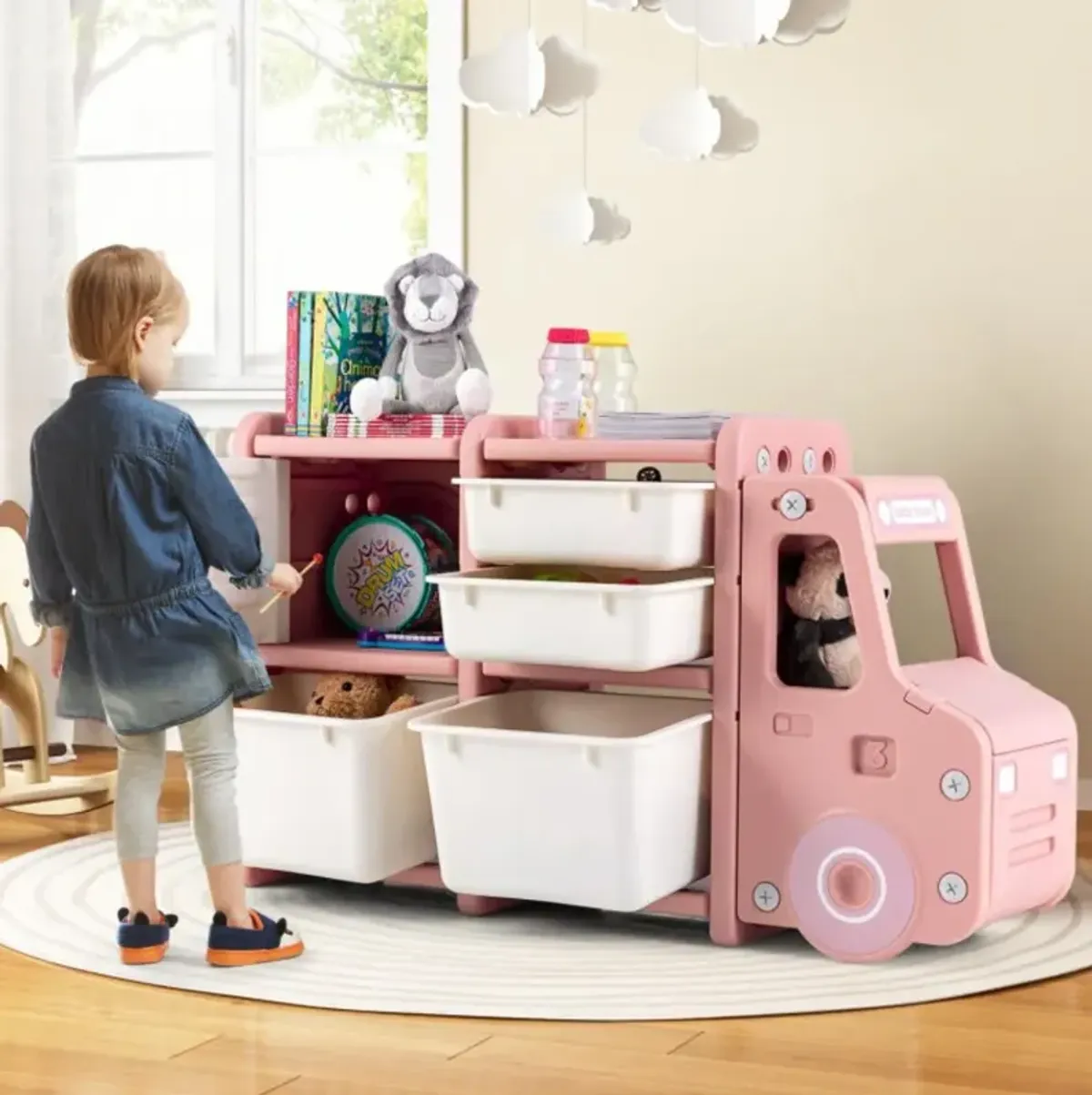 Hivvago Toddler Truck Storage Organizer with Plastic Bins-Pink