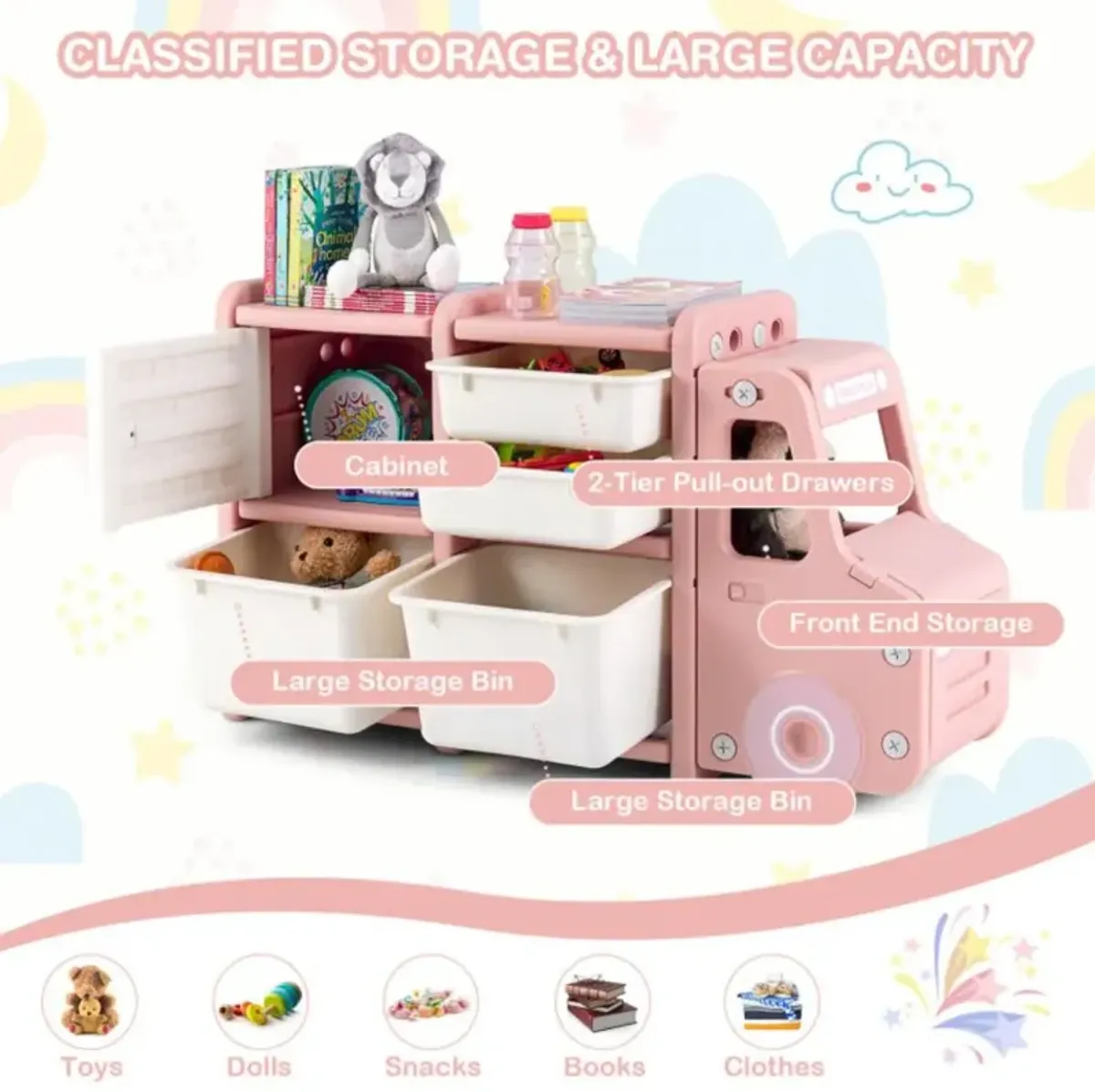 Hivvago Toddler Truck Storage Organizer with Plastic Bins-Pink