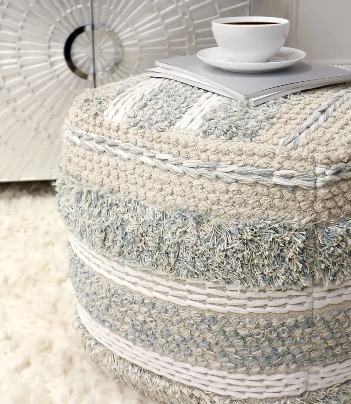 Pasargad Home Grandcanyon Cotton Braided Pouf, Beige