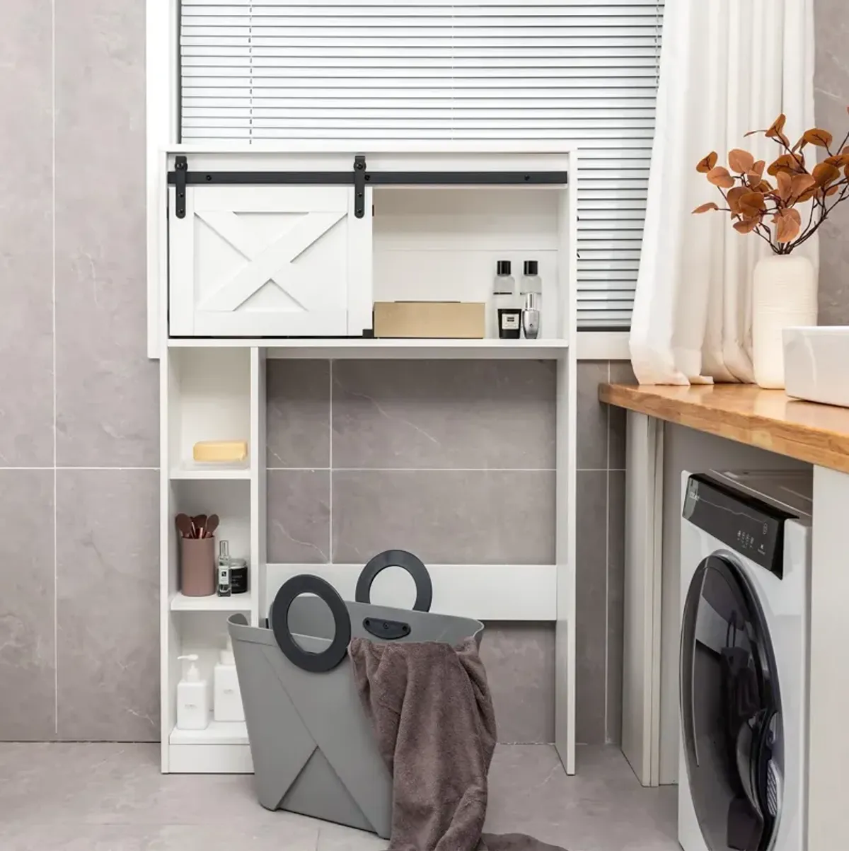 4-Tier Over The Toilet Storage Cabinet with Sliding Barn Door and Storage Shelves-White