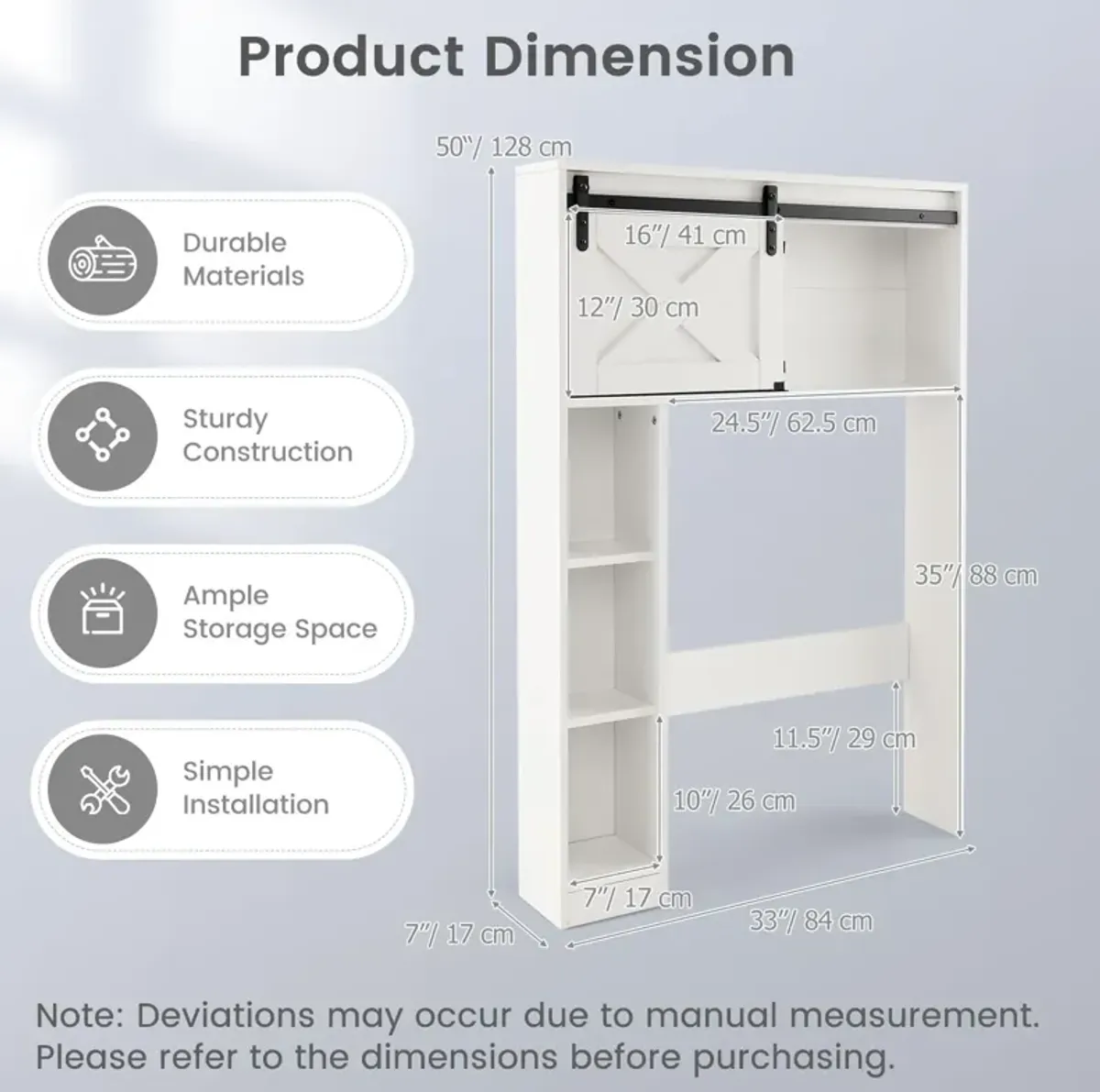 4-Tier Over The Toilet Storage Cabinet with Sliding Barn Door and Storage Shelves-White