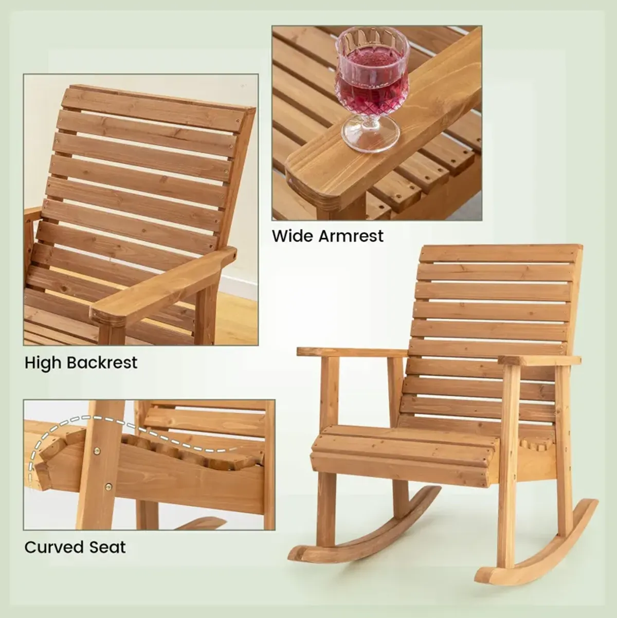 Outdoor Fir Wood Rocking Chair with High Backrest