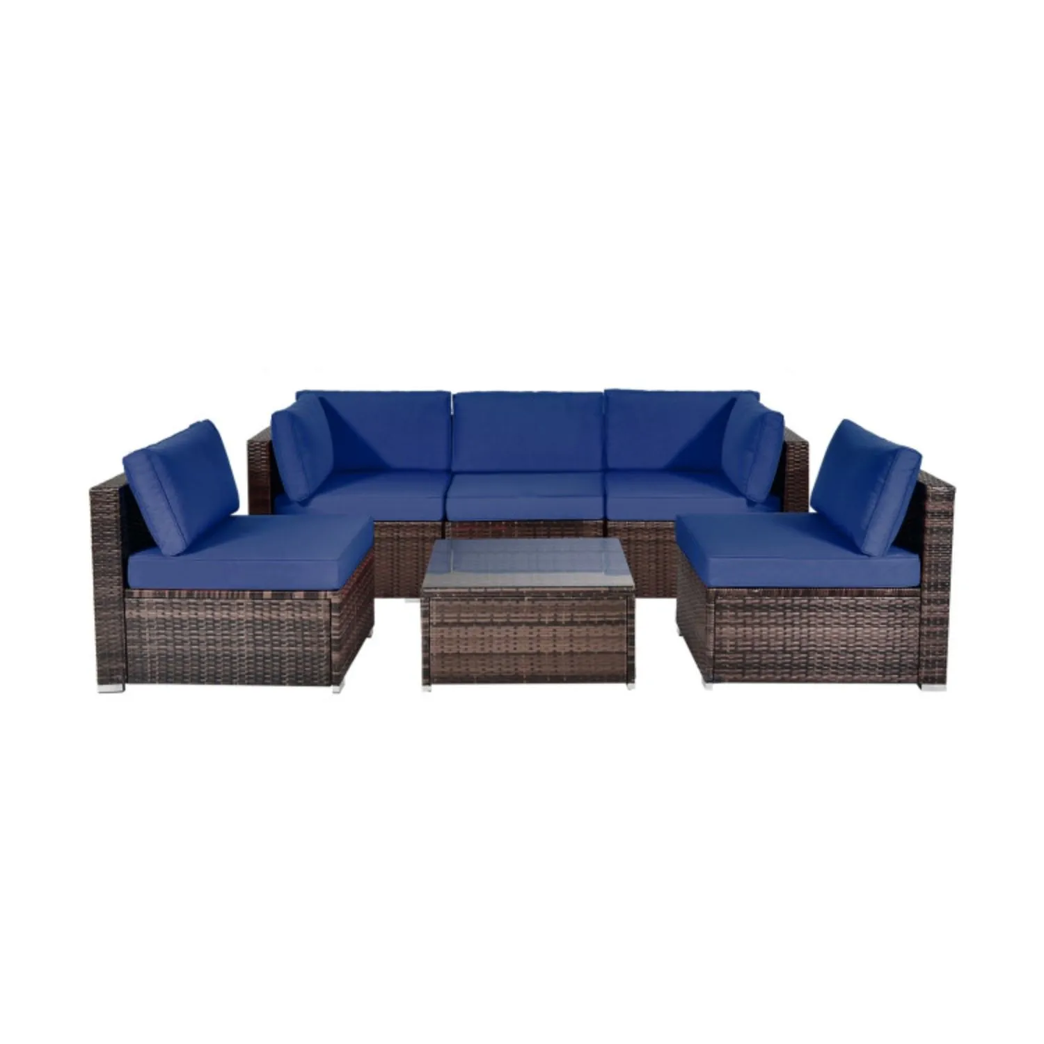 6 Pieces Patio Rattan Furniture Set with Cushions and Glass Coffee Table