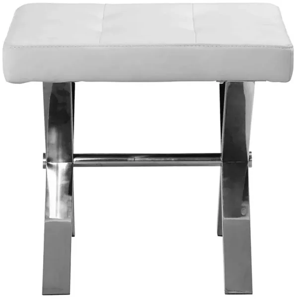 Tia 18 Inch Accent Stool Ottoman, White Faux Leather Top, Chrome Steel Legs - Benzara